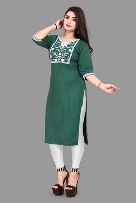 KNG TEXTILE Women Embroidered A-line Kurta(Green)