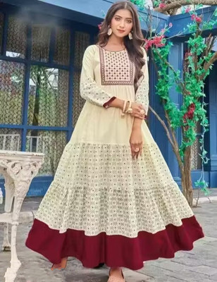 ABROR Women Embroidered Anarkali Kurta(Maroon, Beige)