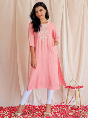 LIBAS Women Printed Straight Kurta(Pink)