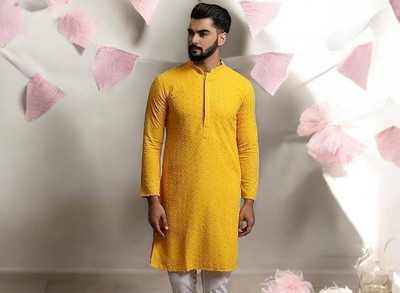 Qitty Men Chikan Embroidery Straight Kurta(Yellow)