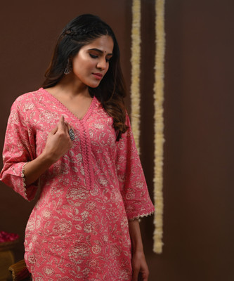 Rimeline Women Floral Print A-line Kurta(Pink)