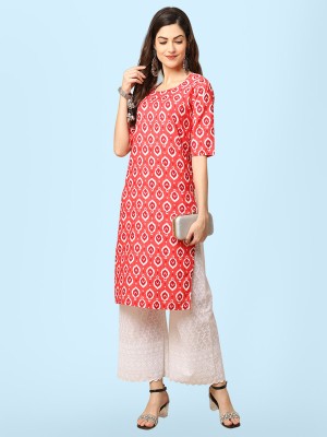 EthnicBasket Women Printed Straight Kurta(Red, White)