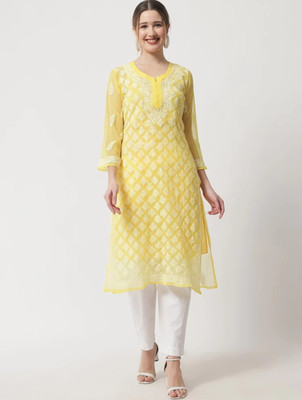 Fs chikankari Women Chikan Embroidery Straight Kurta(Yellow)