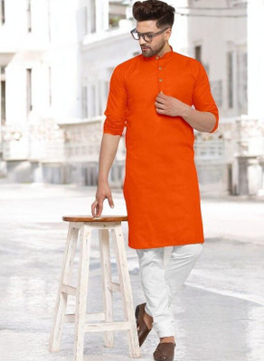 Krisha trend Men Solid Straight Kurta(Orange)