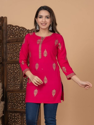 RKTM Women Printed A-line Kurta(Pink)