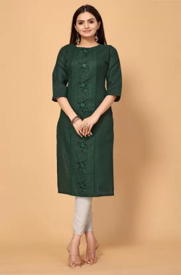OVUSI Women Embroidered A-line Kurta(Dark Green)