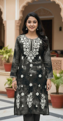 NAZAQATCHIKAN Women Embroidered, Dyed/Ombre Straight Kurta(Black)