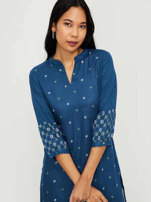 MAX Women Printed Straight Kurta(Blue)