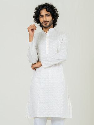 TISTABENE Men Embroidered Straight Kurta(White)