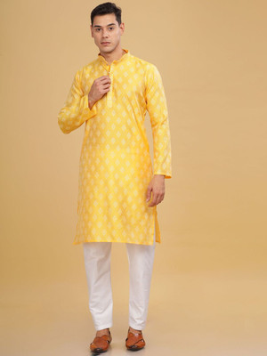 ANOUK Men Abstract Straight Kurta(Yellow)