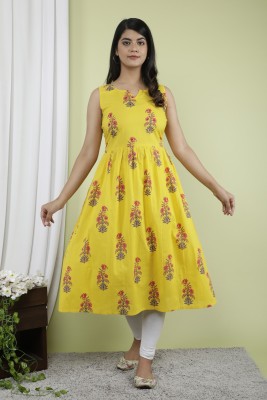 Indiwest Women Floral Print A-line Kurta(Yellow)