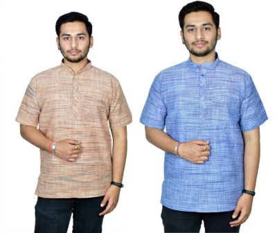 isdfabric Men Self Design Straight Kurta(Blue, Brown)