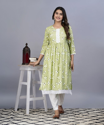 Lihimsu Women Floral Print A-line Kurta(Light Green)