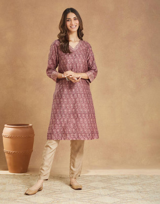 Fabindia Women Printed Straight Kurta(Purple)
