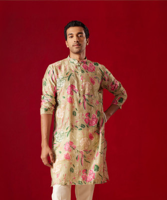 Shvaas By Vastramay Men Printed, Floral Print Straight Kurta(Beige)