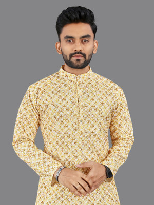 BEDENISH Men Printed Straight Kurta(Gold)