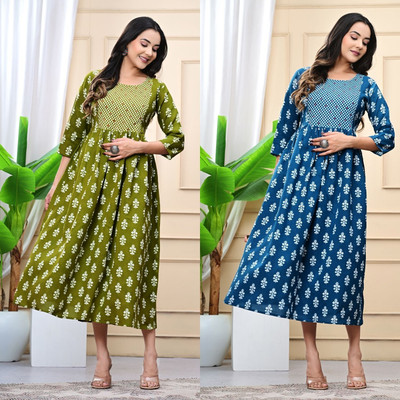 Kadri Women Printed Straight Kurta(Green, Blue)