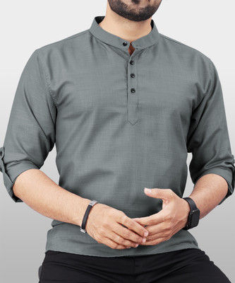 VeBNoR Men Solid Straight Kurta(Grey)