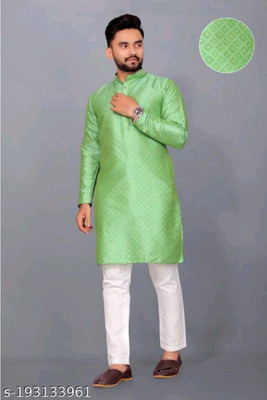 TRUST OUS Men Checkered Straight Kurta(Light Green)
