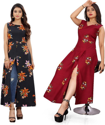 Hiral Creation Women Floral Print Frontslit Kurta(Red)