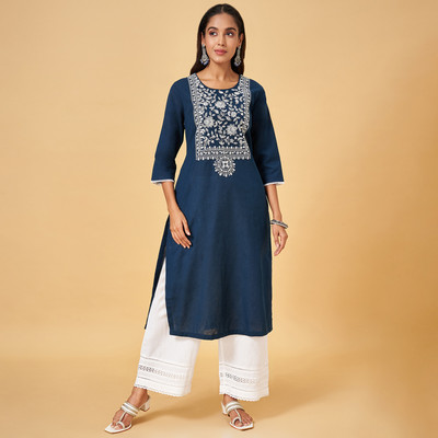 Rangmanch by Pantaloons Women Printed Straight Kurta(Dark Blue)