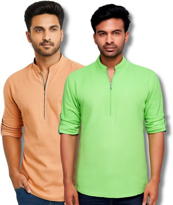 RAREMARK Men Solid Straight Kurta(Orange, Light Green)