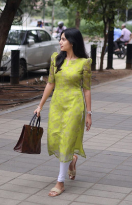 bindudi Women Floral Print A-line Kurta(Light Green)