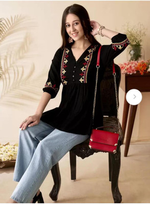 Emica Women Embroidered Flared Kurta(Black)