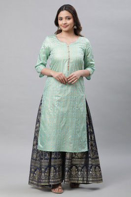Aurelia Women Printed Straight Kurta(Light Green, Gold)