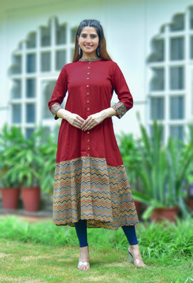 Yash Gallery Women Printed A-line Kurta(Maroon)