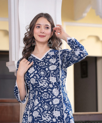KJFAB Women Printed Straight Kurta(Blue)