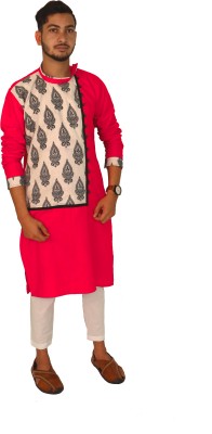 Rainbow Cloths Men Floral Print Straight Kurta(Pink)