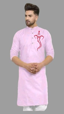 Mamata biswas Men Printed Straight Kurta(Pink)