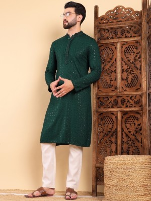 Ethnic Bay Men Embroidered Straight Kurta(Green)