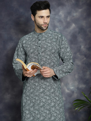 ANOUK Men Printed Straight Kurta(Grey)
