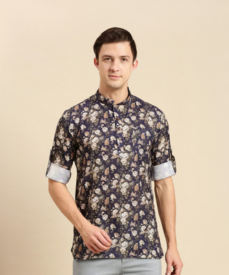 Sanwara Men Floral Print Straight Kurta(Dark Blue)