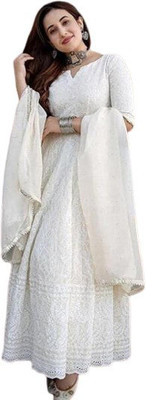 Hazuri Women Chikan Embroidery Anarkali Kurta(White)
