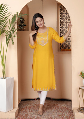 his&her Women Embroidered, Embellished Straight Kurta(Yellow)