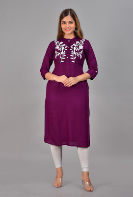 NEW4U Women Embroidered Straight Kurta(Purple)