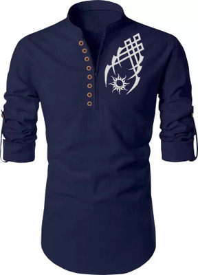 DIMMY Men Printed Straight Kurta(Dark Blue)