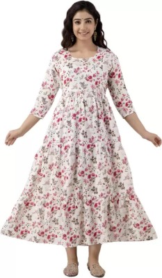 AarviFab Women Floral Print Anarkali Kurta(White)