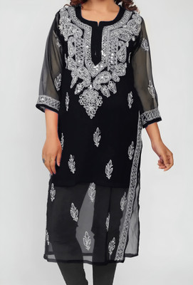SMAfashion Women Chikan Embroidery A-line Kurta(Black)