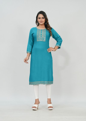 Elvya Women Embroidered Straight Kurta(Blue)
