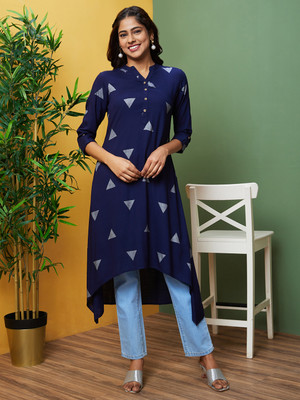 Globus Women Printed A-line Kurta(Dark Blue, White)