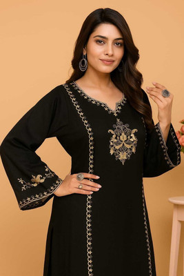 eqsha Women Embroidered A-line Kurta(Black)