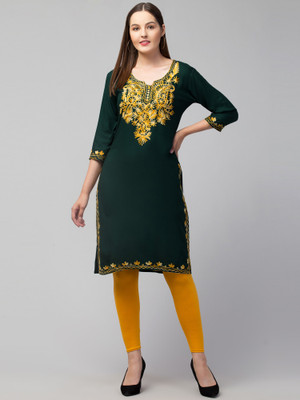 camellias Women Embroidered A-line Kurta(Green)