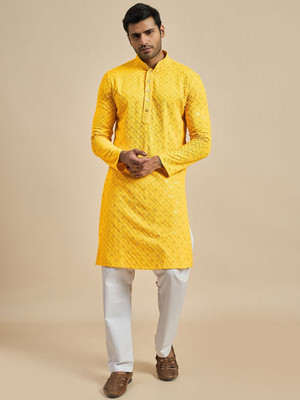 ANOUK Men Floral Print Straight Kurta(Yellow)