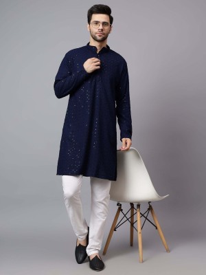 FireFish Men Chikan Embroidery A-line Kurta(Blue)