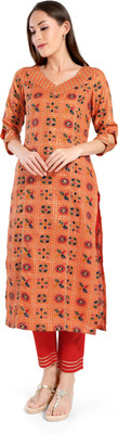 Bhavna Textiles Women Printed Straight Kurta(Orange)