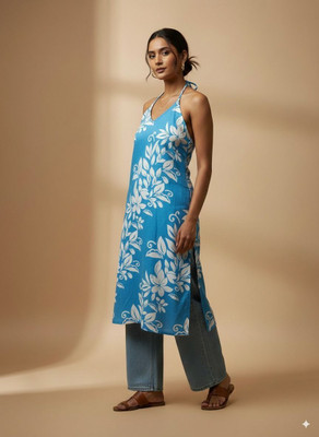 Dhakre fashion Women Floral Print Straight Kurta(Light Blue)